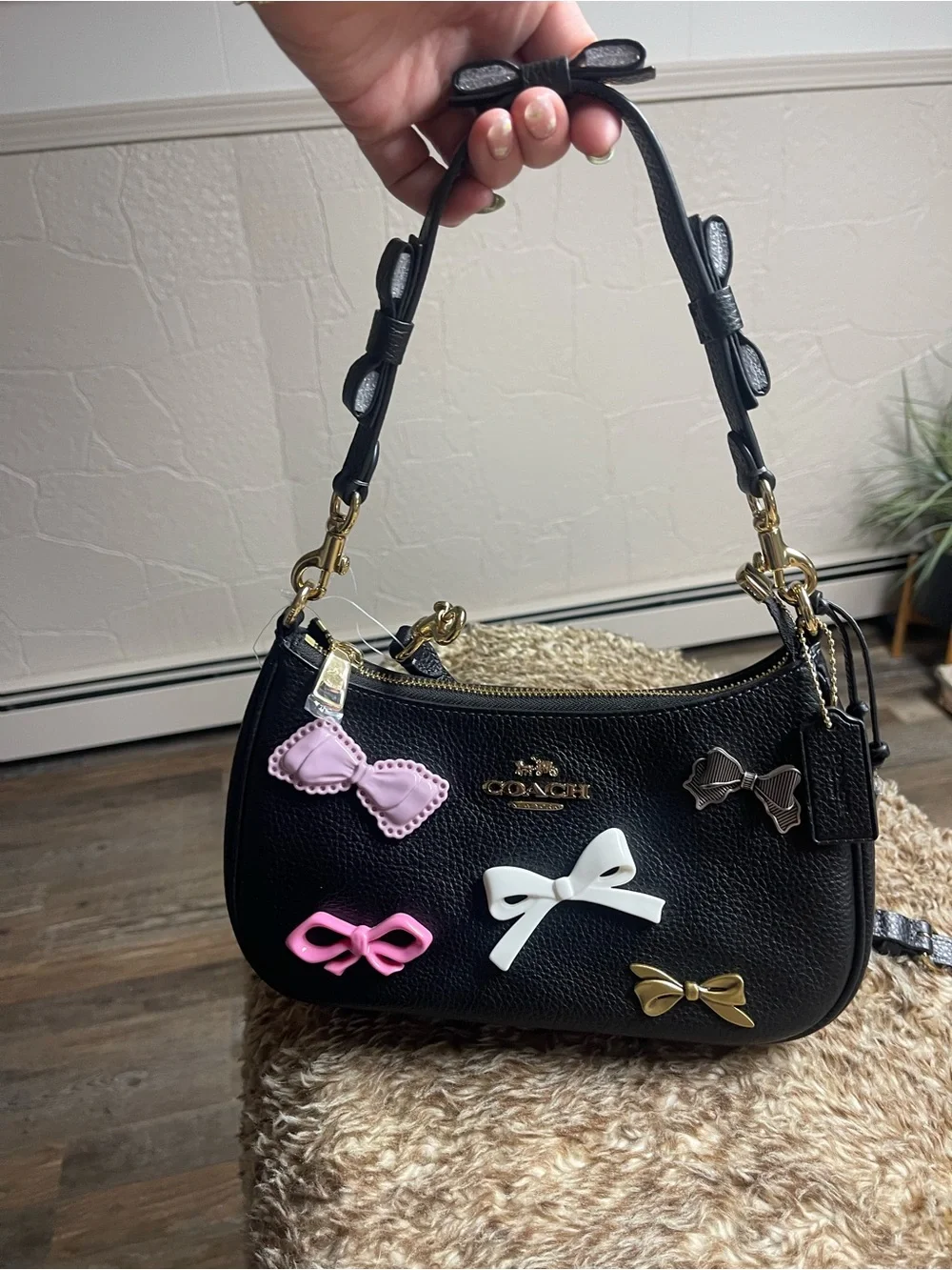 Coach Black Pebbled Leather Tag Charm with Gold-Tone Accent